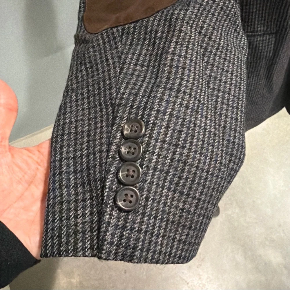 100% Wool Chaps Herringbone Checker Brown Suede Elbow Patches Blazer Jacket 46R